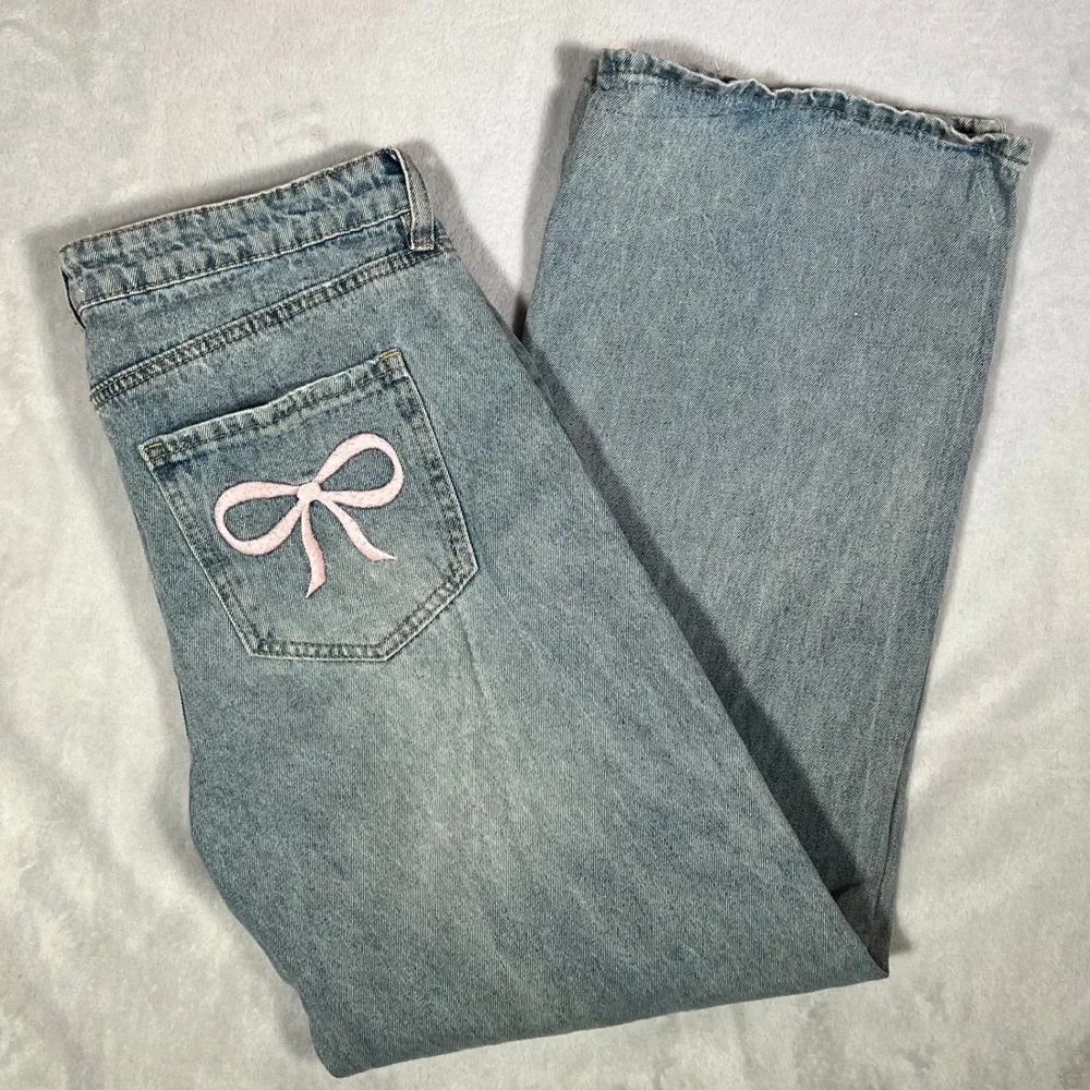 Ashley Mason Bow Jeans Womens Size 9/29 Wide Leg Light Wash Baggy Coquette‎ Boho